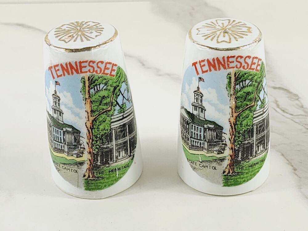 Tennessee Salt & Pepper Shakers 3" Souvenir 80s Porcelain Gold Trim Kenmar Japan